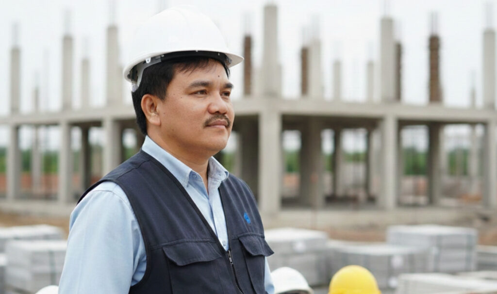 Founder wearing construction hat onsite